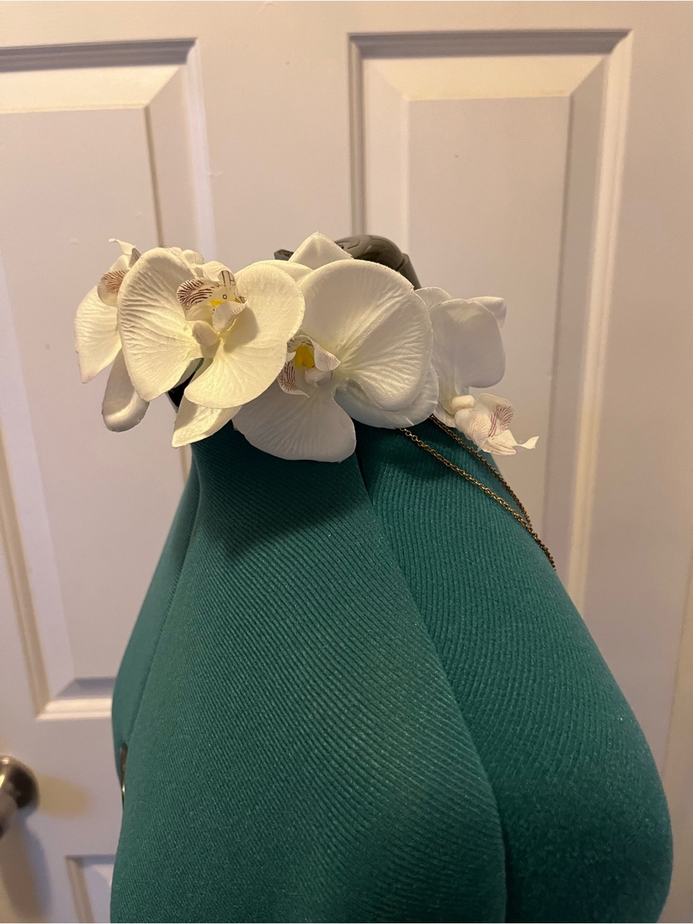 Orchid bridal headband with gold fringe
